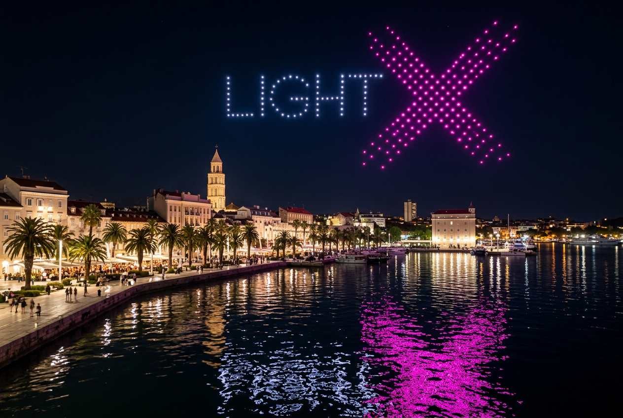 Drones spelling 'LIGHT X' in magenta above the Split riva at night